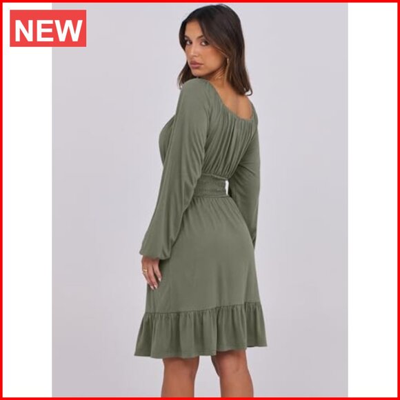 Long Lantern Sleeve Square Neck Elastic Waist Ruffle Flowy Swing A-Line Dress - Picture 5 of 7